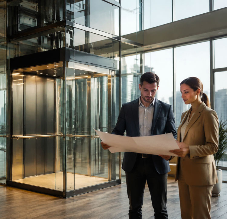 L'équipe commerciale de Kelevator discutant d'un projet d'ascenseur